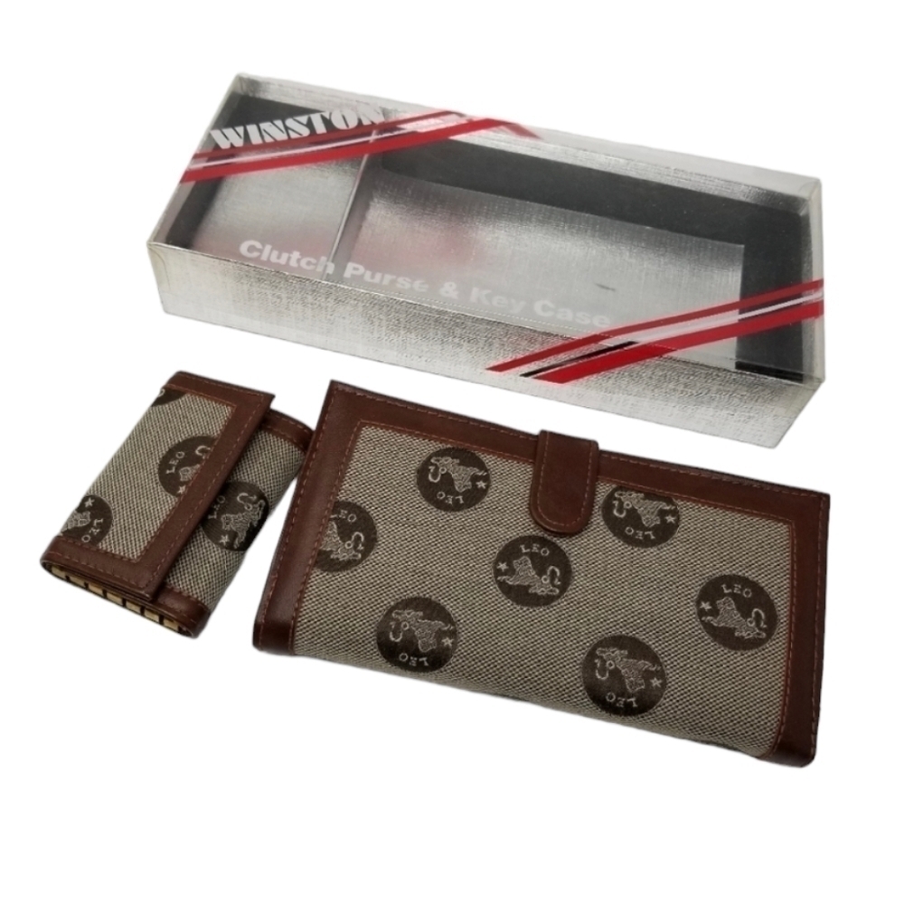 Winston Boxed Set Clutch Purse Wallet Key Case Astrology Leo Lion Check Y2K
